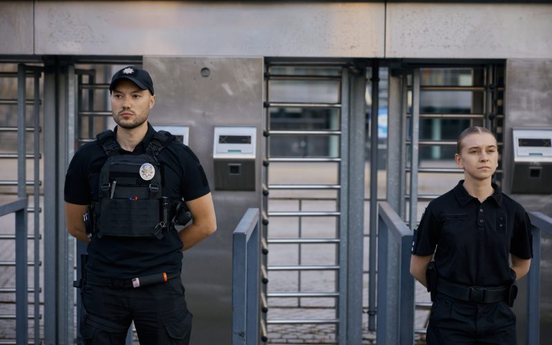 Diverse armed police officers wearing protective bulletproof vest patrolling and guarding entrance to public subway