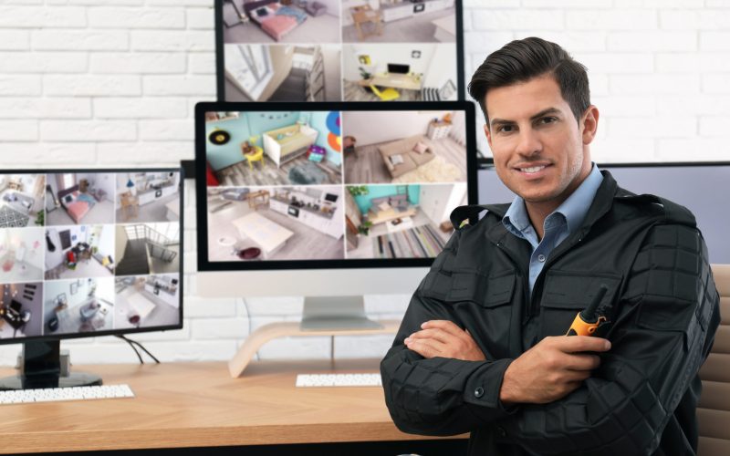 Male security guard with portable transmitter at workplace