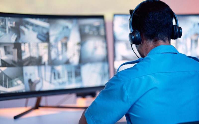 Security guard, headphones and cctv monitor, communication and inspection service for building safe.